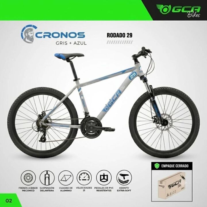 BICICLETA MTB RODADO 29 FRENOS DISCO 21 VELOCIDADES GCA - CRONOS GRIS Y AZUL - Imagen 2