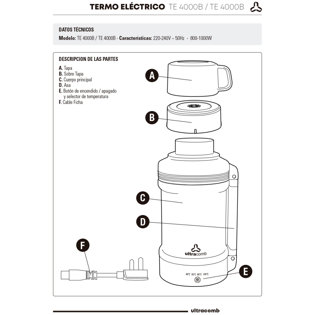TERMO ELECTRICO CAPACIDAD 1 LTR. 4 NIVELES DE TEMPERATURA SELECTOR TACTIL PICO VERTEDOR COLOR NEGRO ULTRACOMB - Image 2