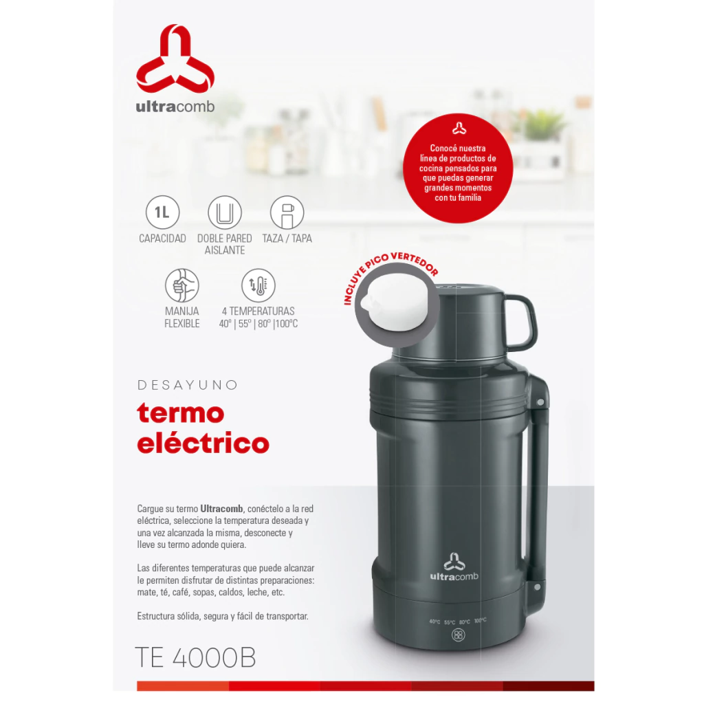 TERMO ELECTRICO CAPACIDAD 1 LTR. 4 NIVELES DE TEMPERATURA SELECTOR TACTIL PICO VERTEDOR COLOR NEGRO ULTRACOMB - Image 4