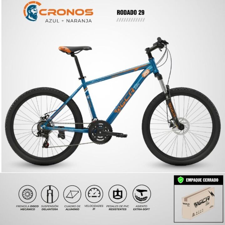 BICICLETA MTB RODADO 29 FRENOS DISCO 21 VELOCIDADES GCA - CRONOS AZUL Y NARANJA - Imagen 2