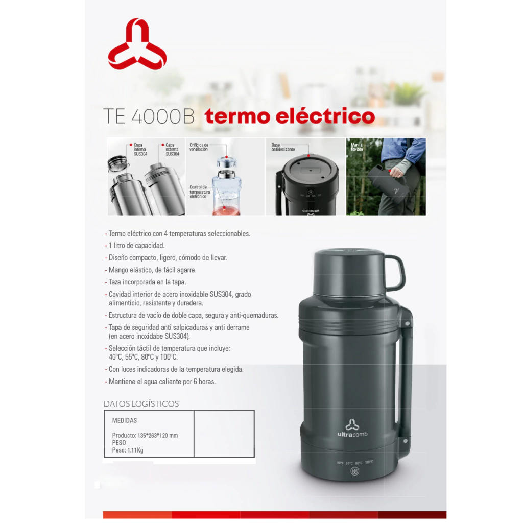 TERMO ELECTRICO CAPACIDAD 1 LTR. 4 NIVELES DE TEMPERATURA SELECTOR TACTIL PICO VERTEDOR COLOR NEGRO ULTRACOMB - Image 3
