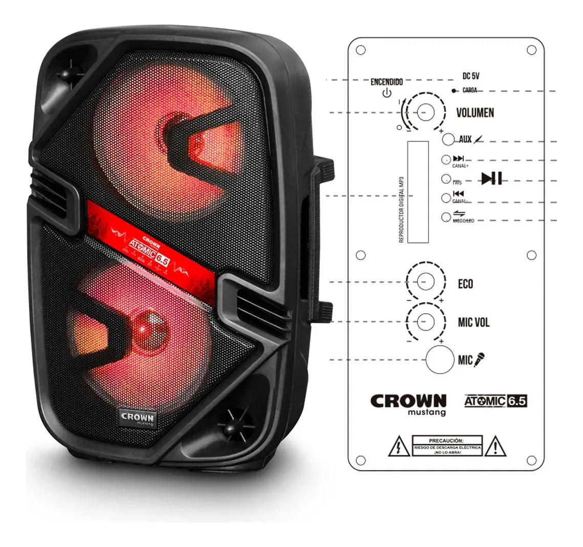 BAFLE ACUSTICO DE 3 VIAS AUTO AMPLIFICADO 2 WOOFER x 6.5" CONEXION BLUETOOTH CROWN MUSTANG - Image 2