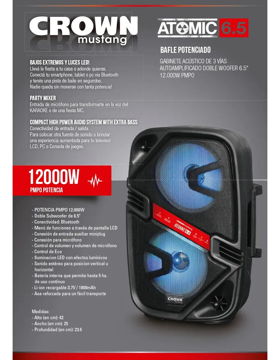 BAFLE ACUSTICO DE 3 VIAS AUTO AMPLIFICADO 2 WOOFER x 6.5" CONEXION BLUETOOTH CROWN MUSTANG - Image 3