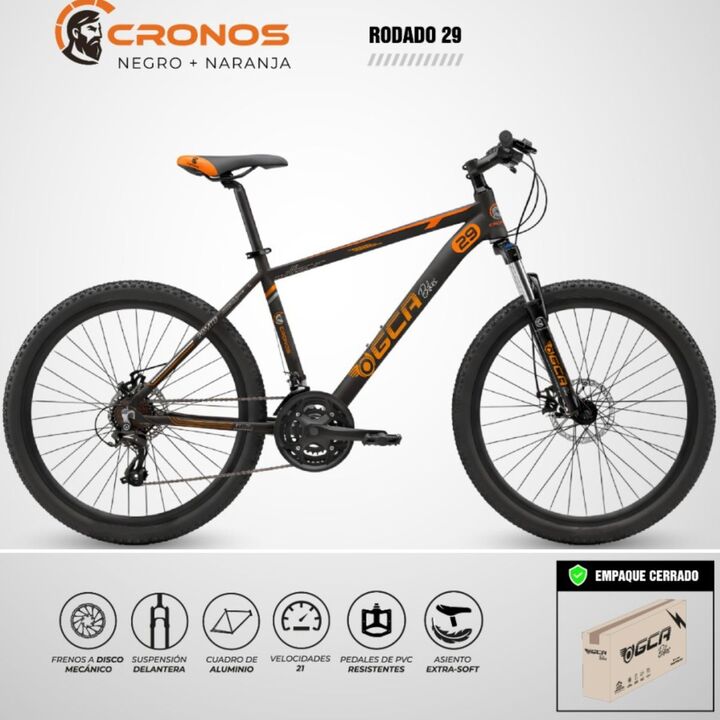BICICLETA MTB RODADO 29 FRENOS DISCO 21 VELOCIDADES GCA - CRONOS NEGRO Y NARANJA - Imagen 2